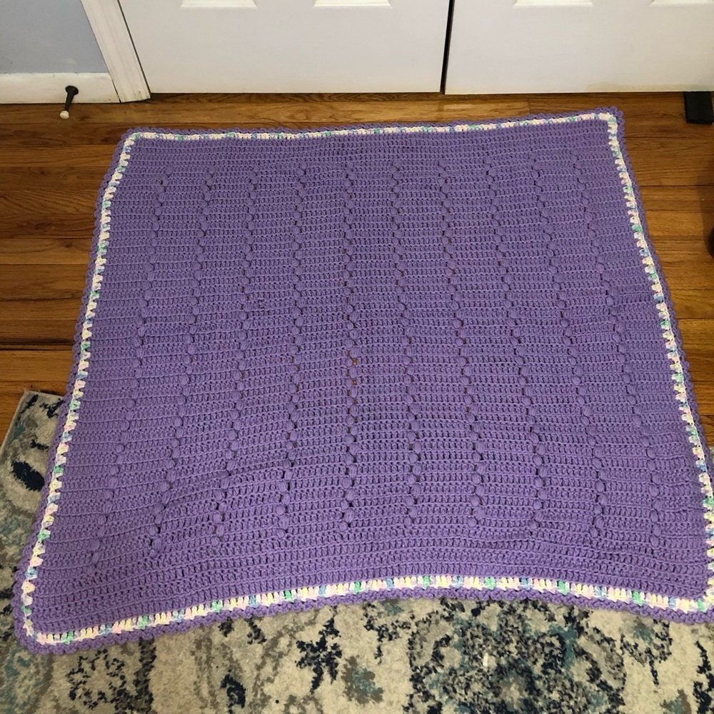 Baby blanket handmade crochet purple with white multicolor trim‎ 38” x 38”